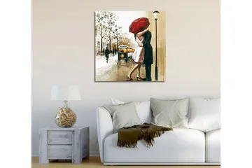 Lerretsbilde 45x45 cm - Romantisk kyss under en rød paraply - Rød / Beige / Svart - Interiør - Maleri & posters - Lerretsbilder