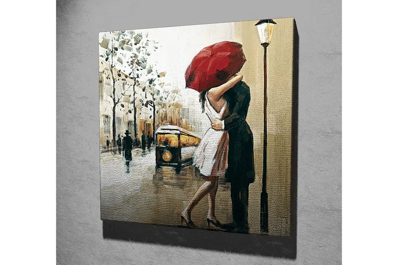 Lerretsbilde 45x45 cm - Romantisk kyss under en rød paraply - Rød / Beige / Svart - Interiør - Maleri & posters - Lerretsbilder