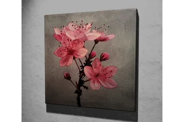 Lerretsbilde 45x45 cm - Rosa blomster med knopper på grå bakgrunn - Rosa / Grå - Interiør - Maleri & posters - Lerretsbilder