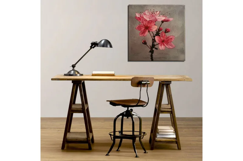 Lerretsbilde 45x45 cm - Rosa blomster med knopper på grå bakgrunn - Rosa / Grå - Interiør - Maleri & posters - Lerretsbilder