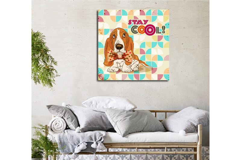 Lerretsbilde 45x45 cm - Søt bassethund med en fin sløyfe - Oransje / Blå / Beige - Interiør - Maleri & posters - Lerretsbilder