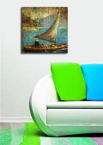 Lerretsbilde 45x45 cm - Seilbåt på rolig vann - Blå / Brun / Beige - Interiør - Maleri & posters - Lerretsbilder