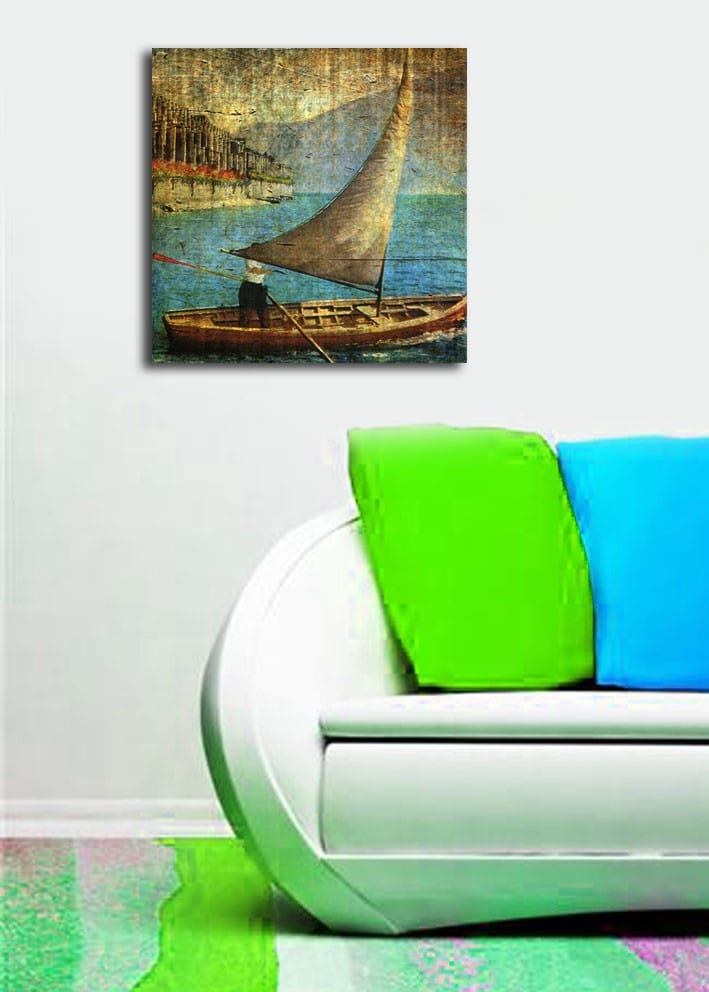 Lerretsbilde 45x45 cm - Seilbåt på rolig vann - Blå / Brun / Beige - Interiør - Maleri & posters - Lerretsbilder