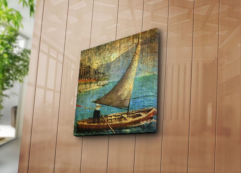 Lerretsbilde 45x45 cm - Seilbåt på rolig vann - Blå / Brun / Beige - Interiør - Maleri & posters - Lerretsbilder