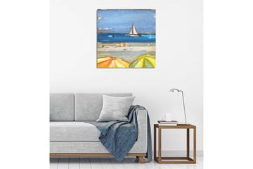 Lerretsbilde 45x45 cm - Seilbåt på en rolig innsjø med parasoller i forgrunnen - Blå / Gul / Beige - Interiør - Maleri & posters - Lerretsbilder