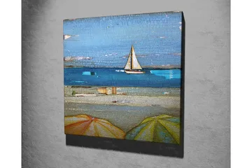 Lerretsbilde 45x45 cm - Seilbåt på en rolig innsjø med parasoller i forgrunnen - Blå / Gul / Beige - Interiør - Maleri & posters - Lerretsbilder