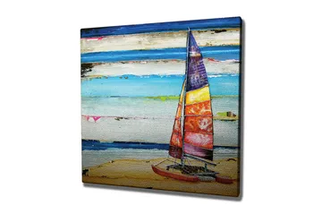 Lerretsbilde 45x45 cm - Seilbåt på stranden med fargerike seil - Blå / Oransje / Rød - Interiør - Maleri & posters - Lerretsbilder
