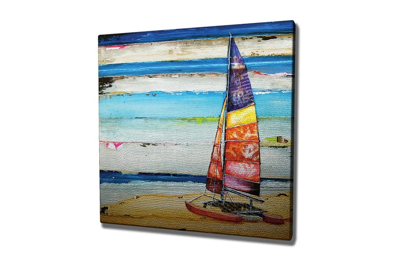 Lerretsbilde 45x45 cm - Seilbåt på stranden med fargerike seil - Blå / Oransje / Rød - Interiør - Maleri & posters - Lerretsbilder