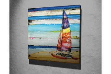 Lerretsbilde 45x45 cm - Seilbåt på stranden med fargerike seil - Blå / Oransje / Rød - Interiør - Maleri & posters - Lerretsbilder