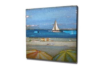 Lerretsbilde 45x45 cm - Seilbåt på en rolig innsjø med parasoller i forgrunnen - Blå / Gul / Beige - Interiør - Maleri & posters - Lerretsbilder