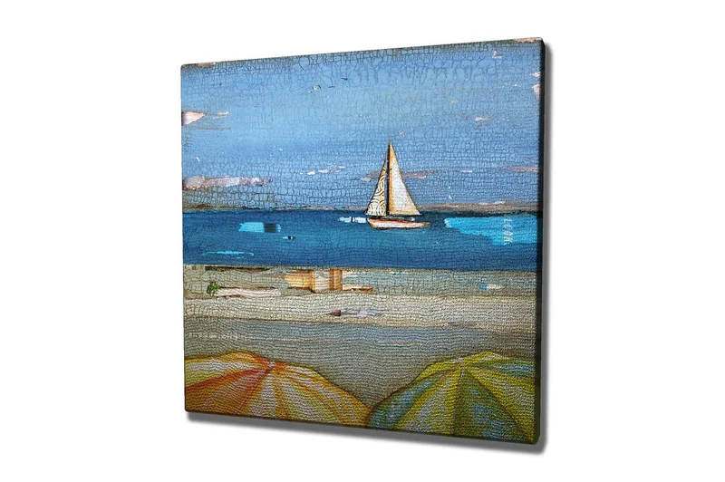 Lerretsbilde 45x45 cm - Seilbåt på en rolig innsjø med parasoller i forgrunnen - Blå / Gul / Beige - Interiør - Maleri & posters - Lerretsbilder