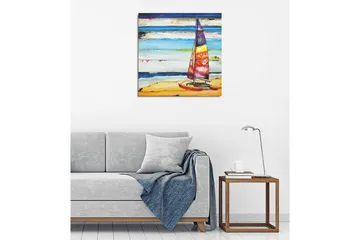 Lerretsbilde 45x45 cm - Seilbåt på stranden med fargerike seil - Blå / Oransje / Rød - Interiør - Maleri & posters - Lerretsbilder