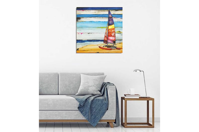 Lerretsbilde 45x45 cm - Seilbåt på stranden med fargerike seil - Blå / Oransje / Rød - Interiør - Maleri & posters - Lerretsbilder