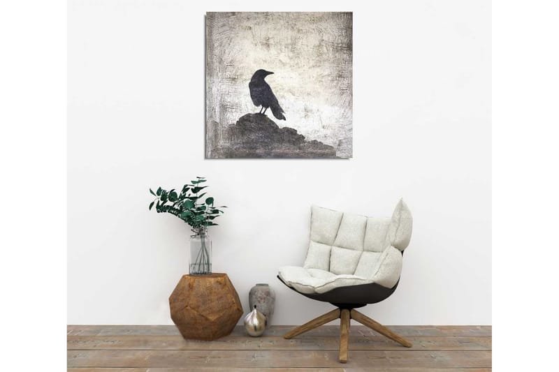 Lerretsbilde 45x45 cm - Silhuett av en kråke på en stein mot en dempet bakgrunn - Svart / Grå / Hvit - Interiør - Maleri & posters - Lerretsbilder