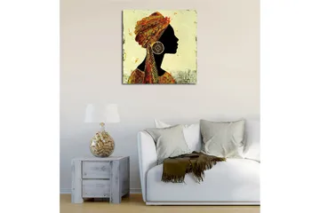 Lerretsbilde 45x45 cm - Silhuett av en kvinne med tradisjonell hodeplagg og store øredobber - Svart / Gull / Oransje - Interiør - Maleri & posters - Lerretsbilder