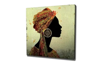 Lerretsbilde 45x45 cm - Silhuett av en kvinne med tradisjonell hodeplagg og store øredobber - Svart / Gull / Oransje - Interiør - Maleri & posters - Lerretsbilder