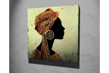 Lerretsbilde 45x45 cm - Silhuett av en kvinne med tradisjonell hodeplagg og store øredobber - Svart / Gull / Oransje - Interiør - Maleri & posters - Lerretsbilder