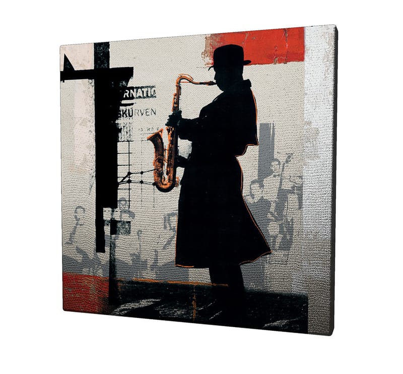 Lerretsbilde 45x45 cm - Silhuett av en saksofonist i et urbant miljø - Svart / Rød / Beige - Interiør - Maleri & posters - Lerretsbilder