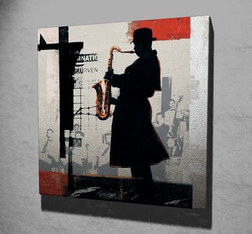 Lerretsbilde 45x45 cm - Silhuett av en saksofonist i et urbant miljø - Svart / Rød / Beige - Interiør - Maleri & posters - Lerretsbilder