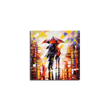 Lerretsbilde 45x45 cm - Silhuett av en person med paraply i et fargerikt bymiljø - Rød / Oransje / Svart - Interiør - Maleri & posters - Lerretsbilder