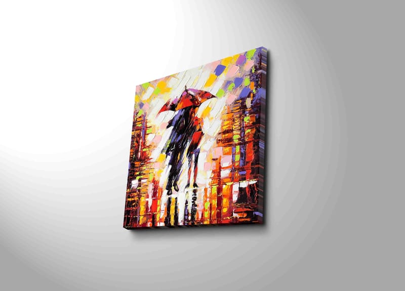 Lerretsbilde 45x45 cm - Silhuett av en person med paraply i et fargerikt bymiljø, Rød / Oransje / Svart