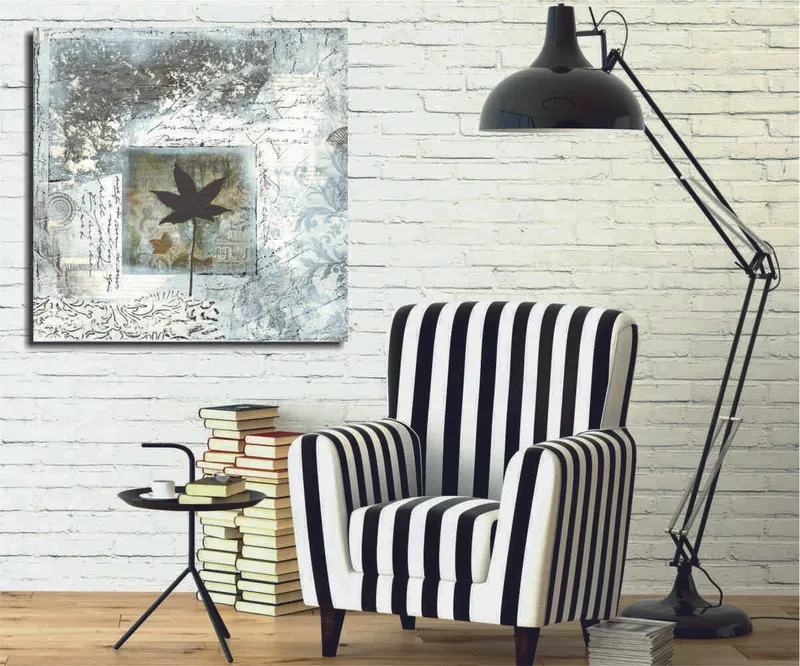 Lerretsbilde 45x45 cm - Silhuett av et blad mot en abstrakt bakgrunn, Svart / Blå / Grønn