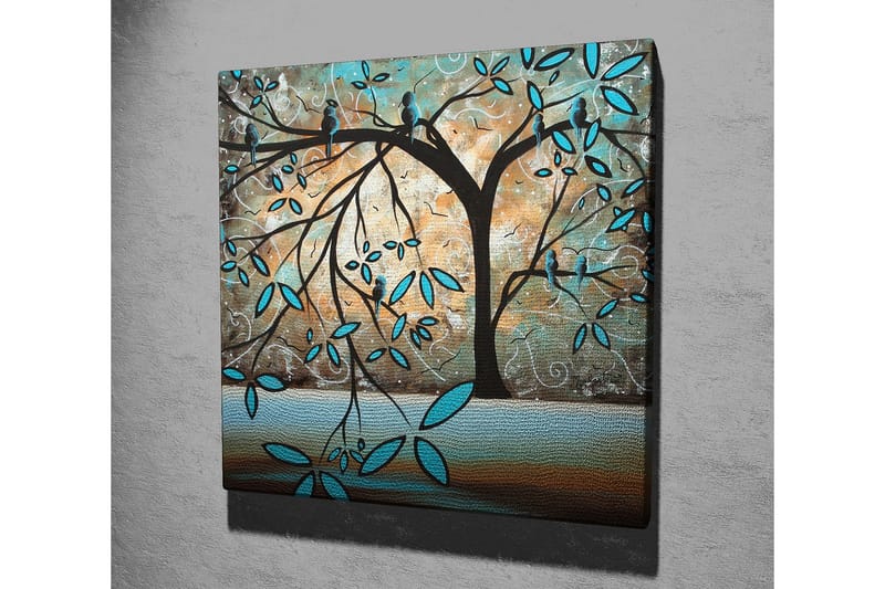 Lerretsbilde 45x45 cm - Silhuett av et tre med fugler og stiliserte blader - Turkis / Brun / Beige - Interiør - Maleri & posters - Lerretsbilder