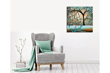 Lerretsbilde 45x45 cm - Silhuett av et tre med fugler og stiliserte blader - Turkis / Brun / Beige - Interiør - Maleri & posters - Lerretsbilder