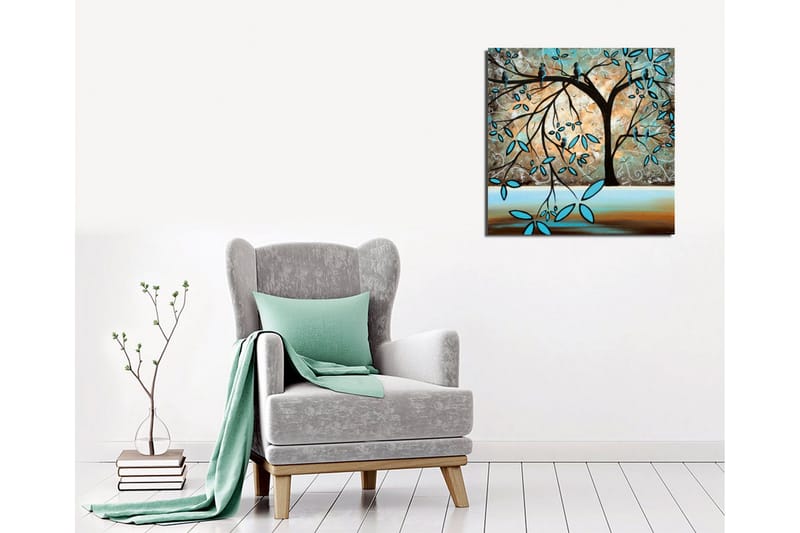 Lerretsbilde 45x45 cm - Silhuett av et tre med fugler og stiliserte blader - Turkis / Brun / Beige - Interiør - Maleri & posters - Lerretsbilder