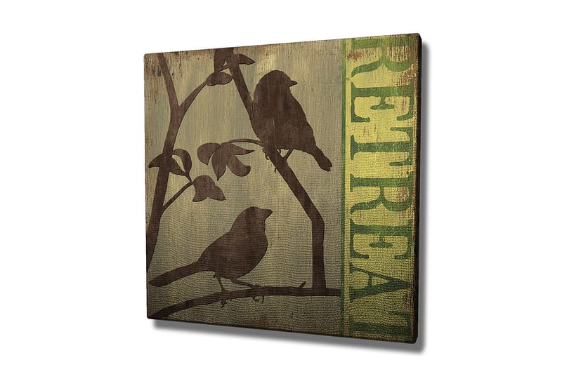 Lerretsbilde 45x45 cm - Silhuetter av fugler på en gren med teksten RETREAT i bakgrunnen, Mørk brun / Grønn / Beige