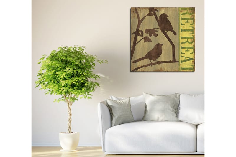 Lerretsbilde 45x45 cm - Silhuetter av fugler på en gren med teksten RETREAT i bakgrunnen - Mørk brun / Grønn / Beige - Interiør - Maleri & posters - Lerretsbilder