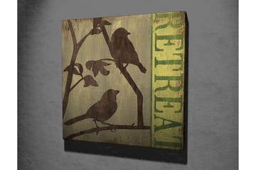 Lerretsbilde 45x45 cm - Silhuetter av fugler på en gren med teksten RETREAT i bakgrunnen - Mørk brun / Grønn / Beige - Interiør - Maleri & posters - Lerretsbilder