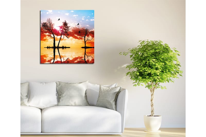 Lerretsbilde 45x45 cm - Silhuetter av trær ved solnedgang med refleksjoner i vannet - Oransje / Rosa / Blå - Interiør - Maleri & posters - Lerretsbilder