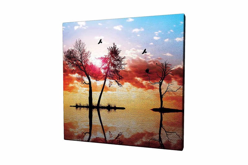 Lerretsbilde 45x45 cm - Silhuetter av trær ved solnedgang med refleksjoner i vannet, Oransje / Rosa / Blå