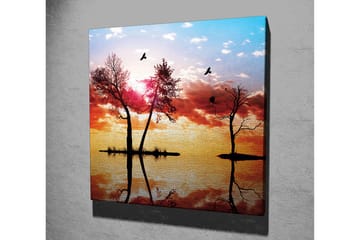 Lerretsbilde 45x45 cm - Silhuetter av trær ved solnedgang med refleksjoner i vannet - Oransje / Rosa / Blå - Interiør - Maleri & posters - Lerretsbilder
