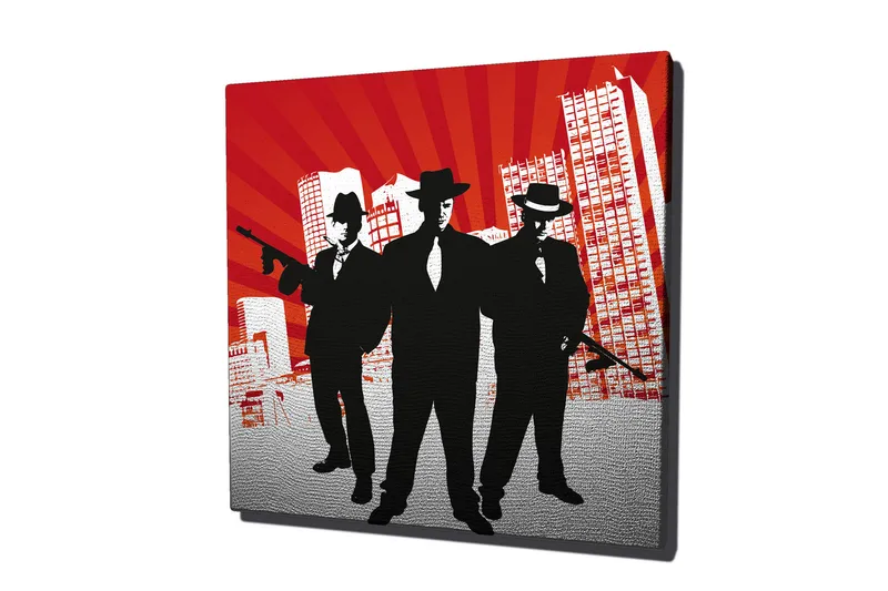 Lerretsbilde 45x45 cm - Silhuetter av tre menn i dress med våpen mot en dramatisk bakgrunn - Rød / Svart / Hvit - Interiør - Maleri & posters - Lerretsbilder