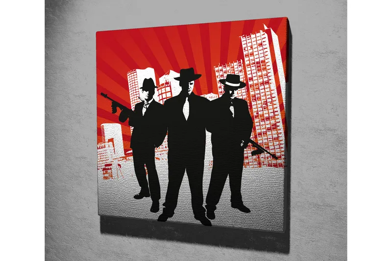 Lerretsbilde 45x45 cm - Silhuetter av tre menn i dress med våpen mot en dramatisk bakgrunn - Rød / Svart / Hvit - Interiør - Maleri & posters - Lerretsbilder