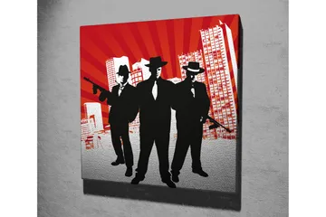 Lerretsbilde 45x45 cm - Silhuetter av tre menn i dress med våpen mot en dramatisk bakgrunn - Rød / Svart / Hvit - Interiør - Maleri & posters - Lerretsbilder