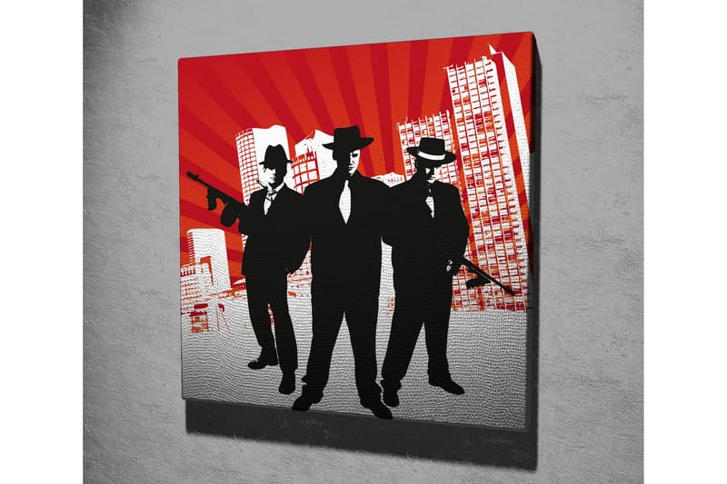 Lerretsbilde 45x45 cm - Silhuetter av tre menn i dress med våpen mot en dramatisk bakgrunn - Rød / Svart / Hvit - Interiør - Maleri & posters - Lerretsbilder