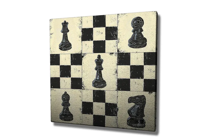 Lerretsbilde 45x45 cm - Sjakkbrett med svarte og hvite sjakkbrikker, Svart / Hvit / Beige