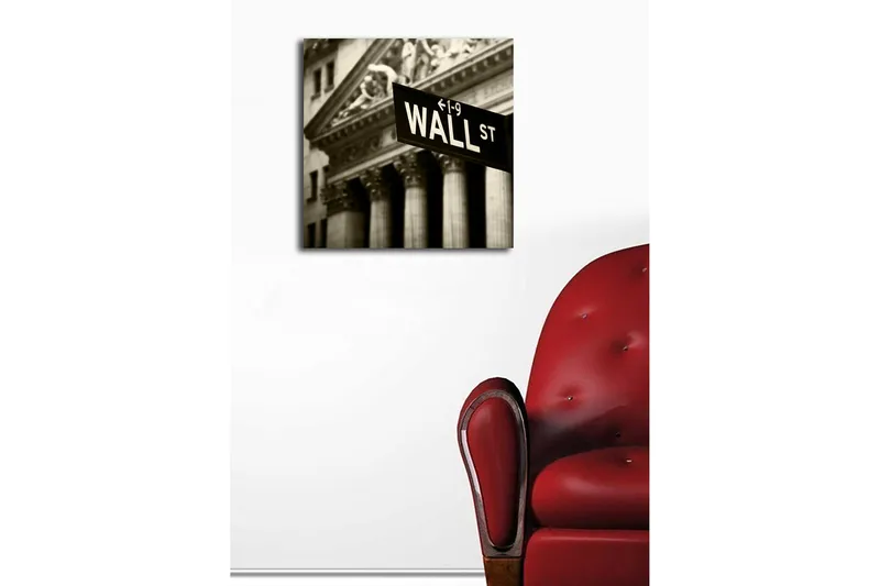 Lerretsbilde 45x45 cm - Skilt med teksten WALL ST i fokus - Svart / Hvit / Grå - Interiør - Maleri & posters - Lerretsbilder