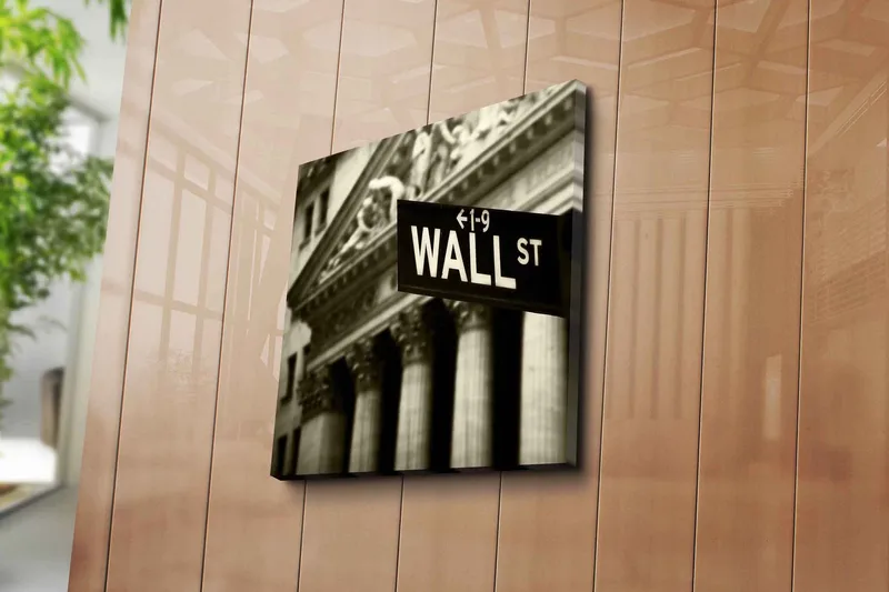 Lerretsbilde 45x45 cm - Skilt med teksten WALL ST i fokus - Svart / Hvit / Grå - Interiør - Maleri & posters - Lerretsbilder