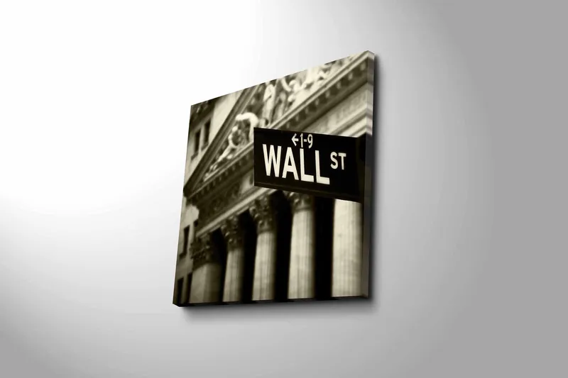 Lerretsbilde 45x45 cm - Skilt med teksten WALL ST i fokus - Svart / Hvit / Grå - Interiør - Maleri & posters - Lerretsbilder