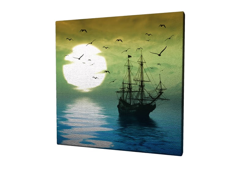 Lerretsbilde 45x45 cm - Skip på speilblanke vannflater under en stemningsfull solnedgang - Mørk blå / Grønn / Hvit - Interiør - Maleri & posters - Lerretsbilder