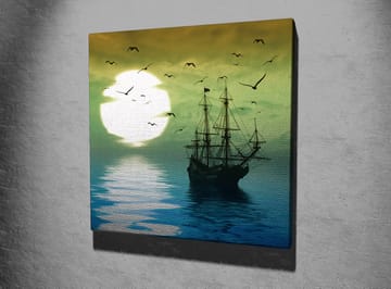 Lerretsbilde 45x45 cm - Skip på speilblanke vannflater under en stemningsfull solnedgang - Mørk blå / Grønn / Hvit - Interiør - Maleri & posters - Lerretsbilder