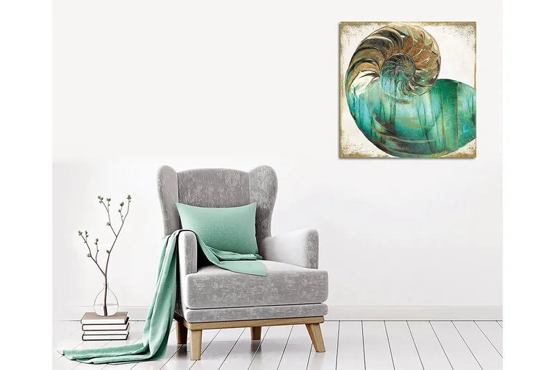 Lerretsbilde 45x45 cm - Skjell med spiralstruktur og turkise fargetoner - Turkis / Gull / Hvit - Interiør - Maleri & posters - Lerretsbilder