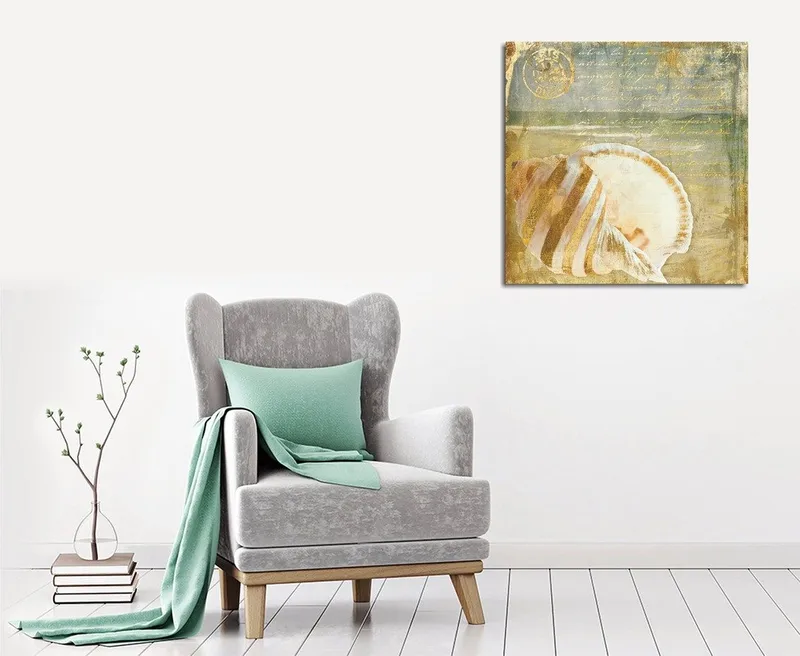 Lerretsbilde 45x45 cm - Skjell med subtile detaljer og teksturer, Beige / Blå / Grønn