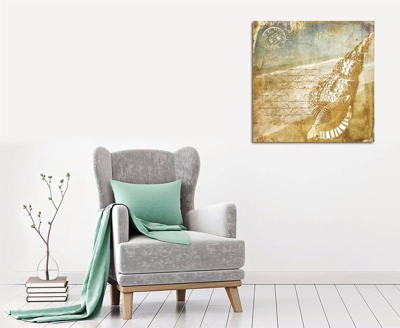 Lerretsbilde 45x45 cm - Skjell med vintage-inspirert bakgrunn og håndskrevet tekst, Beige / Brun / Lys blå