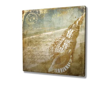 Lerretsbilde 45x45 cm - Skjell med vintage-inspirert bakgrunn og håndskrevet tekst - Beige / Brun / Lys blå - Interiør - Maleri & posters - Lerretsbilder