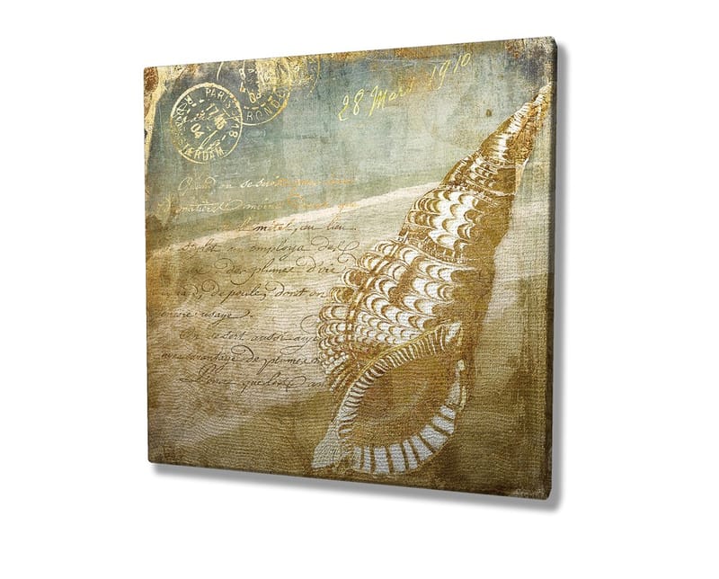 Lerretsbilde 45x45 cm - Skjell med vintage-inspirert bakgrunn og håndskrevet tekst - Beige / Brun / Lys blå - Interiør - Maleri & posters - Lerretsbilder